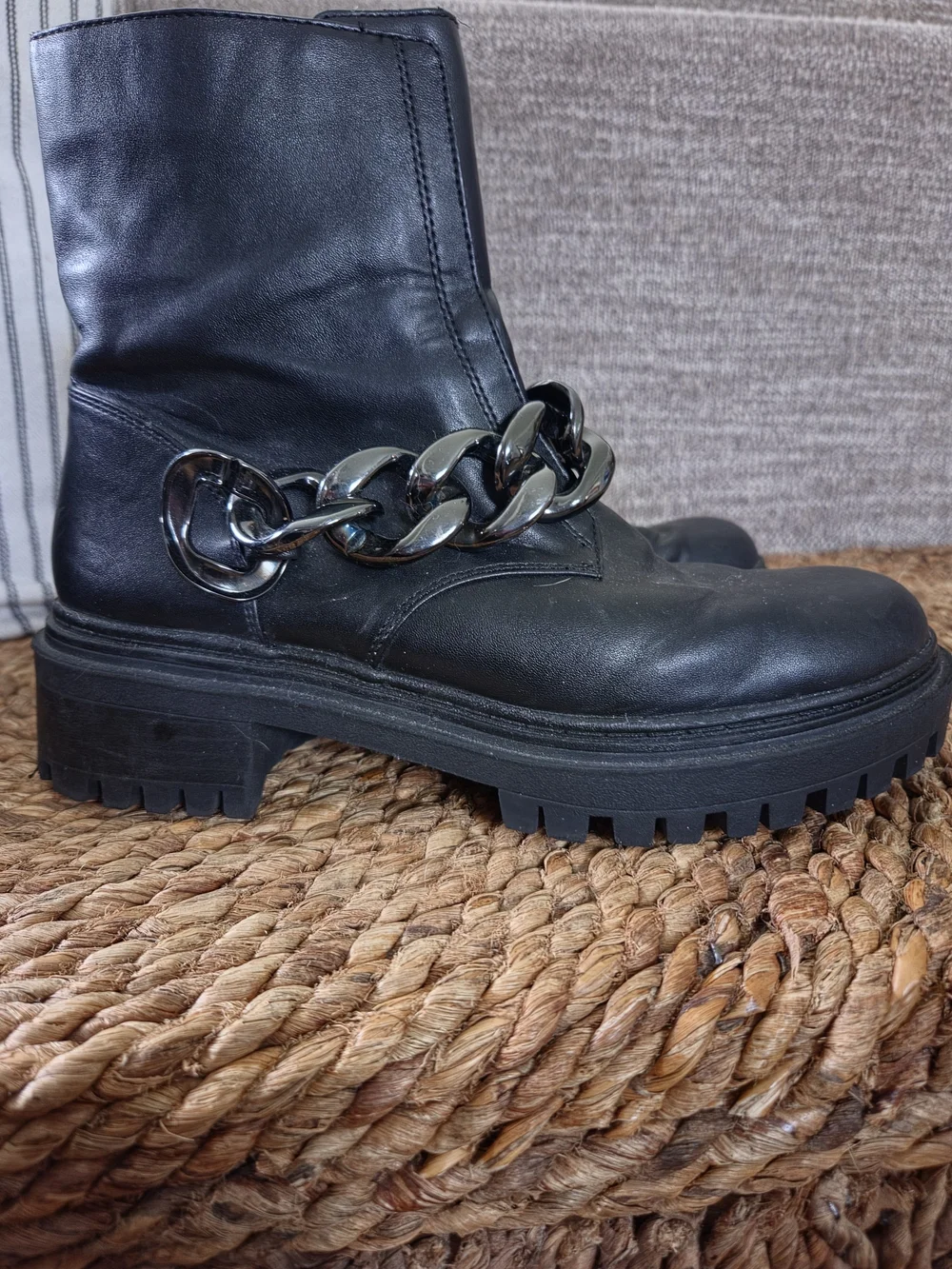 Black Leather Platform Chelsea Boots with Silver Chain Trim